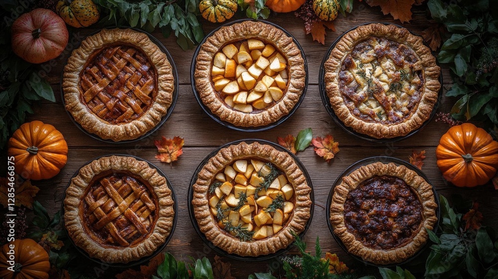 Assorted Fall Pies On Rustic Wooden Table Assorted Fall Pies On Rustic Wooden Table