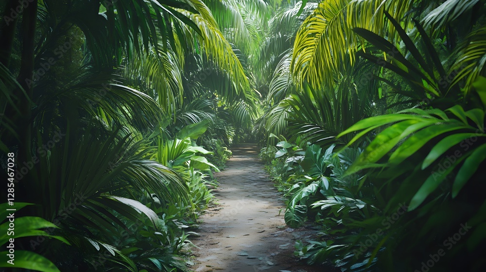 Obraz premium Lush tropical jungle path, dense greenery enveloping serene walkway, perfect for nature exploration or adventure themes.