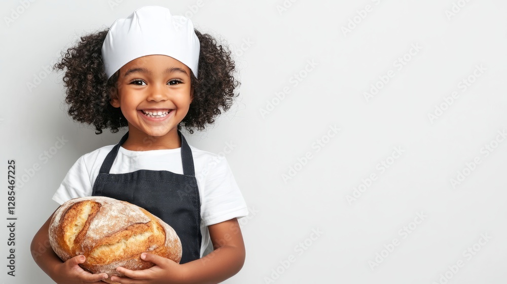 Little girl proudly presenting freshly baked sourdough bread, with blank space for text Little girl proudly presenting freshly baked sourdough bread, with blank space for text