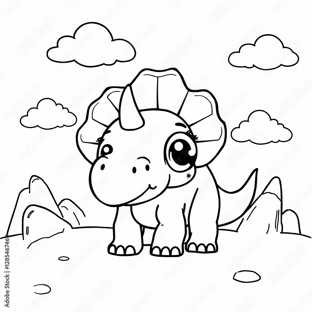 Fototapeta premium Cute Baby Triceratops Cartoon Black and White Line Drawing Coloring Book Kawaii Dinosaur Big Eyes Simple Landscape Children’s Illustration