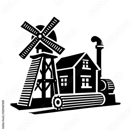 Simple Vector Icon of a Sawmill – Logo Design Illustration
