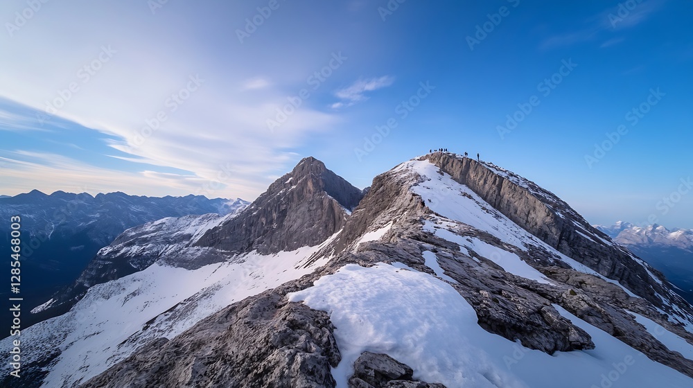 Obraz premium Breathtaking mountain landscape showcasing snow-capped peaks against a clear blue sky perfect for adventure enthusiasts : Generative AI