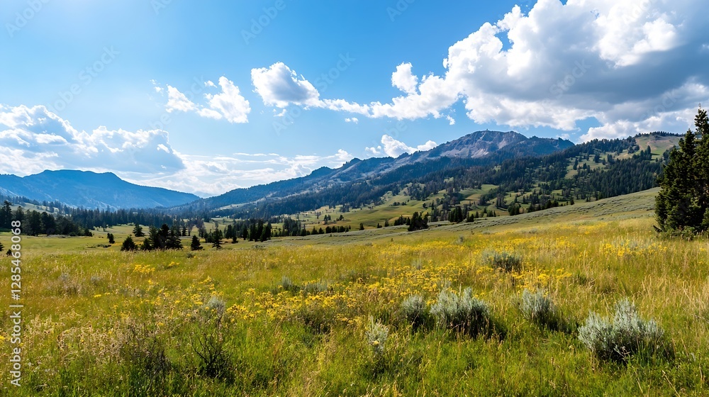 Breathtaking mountain landscape with lush green fields and vibrant sky under daylight : Generative AI Breathtaking mountain landscape with lush green fields and vibrant sky under daylight : Generative AI