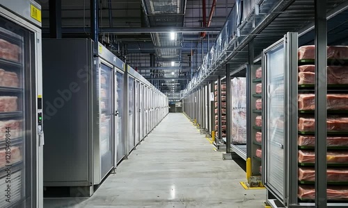 Interior of a modern meat freezing warehouse with state-of-the-art refrigeration systems, showcasing advancements in food preservation technology