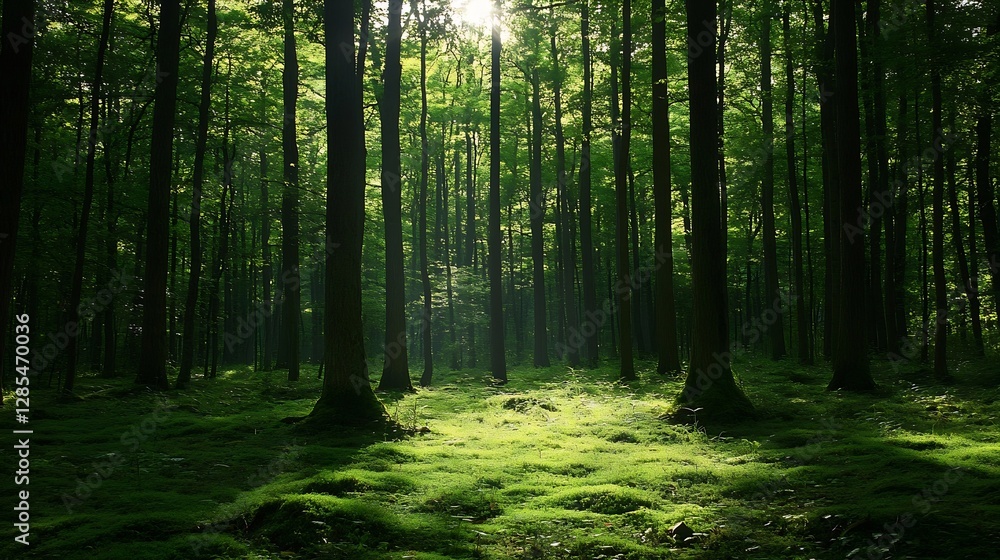 Obraz premium Serene Sunlit Forest with Tall Trees and Lush Green Moss Covered Ground : Generative AI