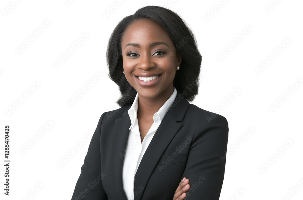 Portrait of a smiling African American businesswoman in a suit, isolated on a transparent background Portrait of a smiling African American businesswoman in a suit, isolated on a transparent background