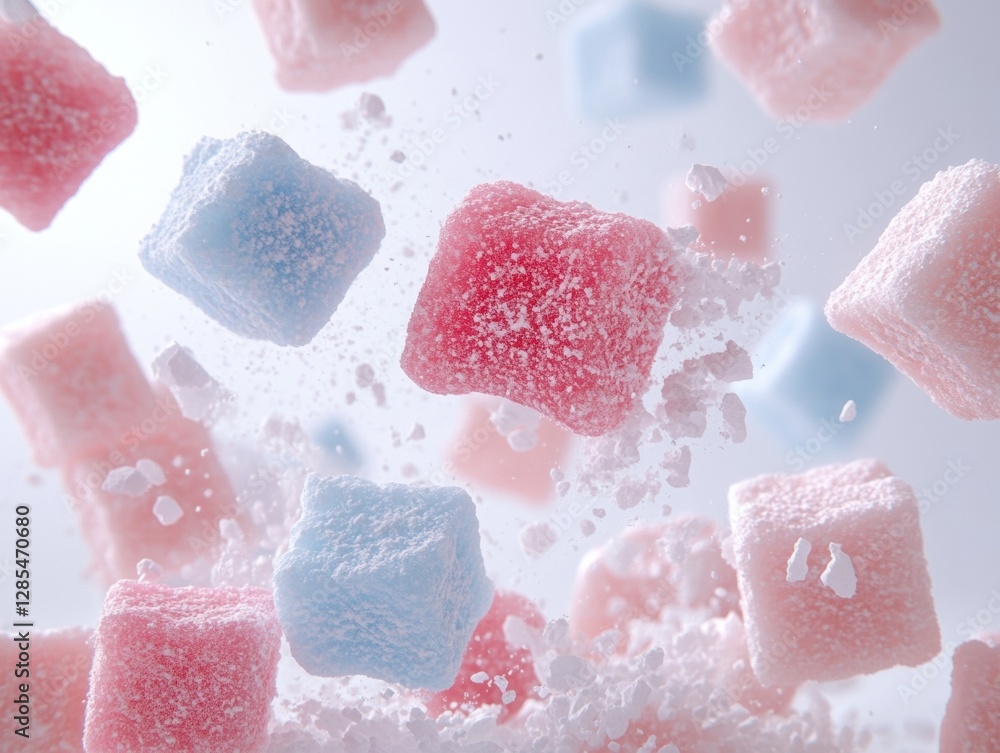 Fototapeta premium Colorful sugar cubes in mid-air for sweet delight.