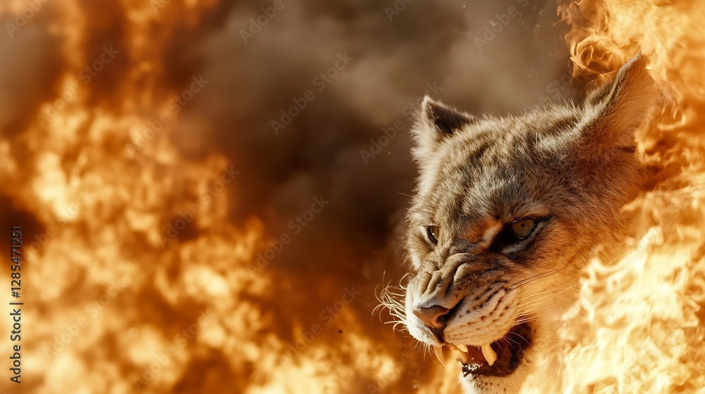 Obraz premium Fierce Lion Roaring in Front of Explosive Flames Symbolizing Power and Intensity : Generative AI