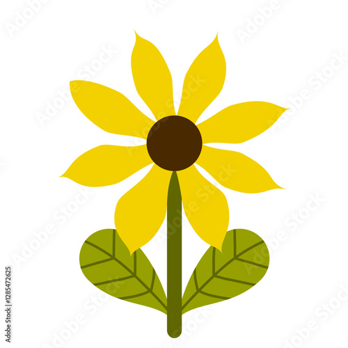 A bright yellow flower with elegant petals, a deep brown center, and fresh green leaves. Ideal for floral designs, stickers, and decorations, bringing a cheerful and vibrant nature-inspired touch.