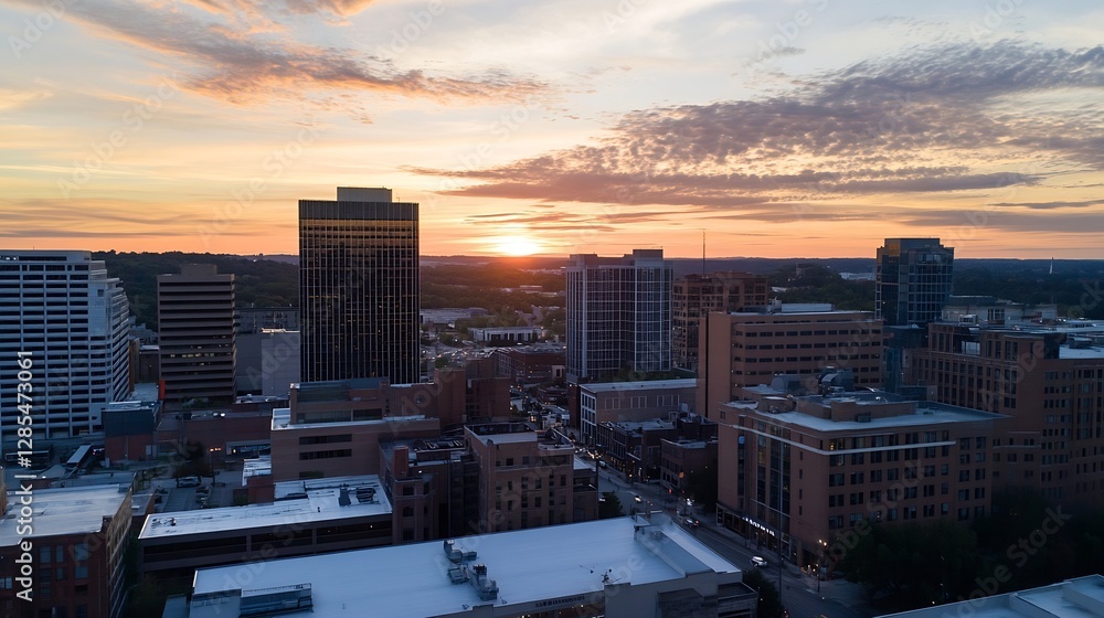Fototapeta premium Stunning aerial view of city skyline at sunset with vibrant colors and silhouette of buildings : Generative AI