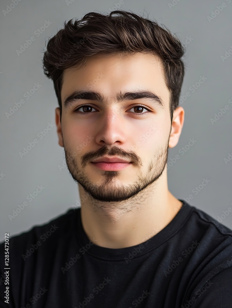 Fototapeta premium Close up portrait of young man with stylish hair and confident expression in casual attire : Generative AI