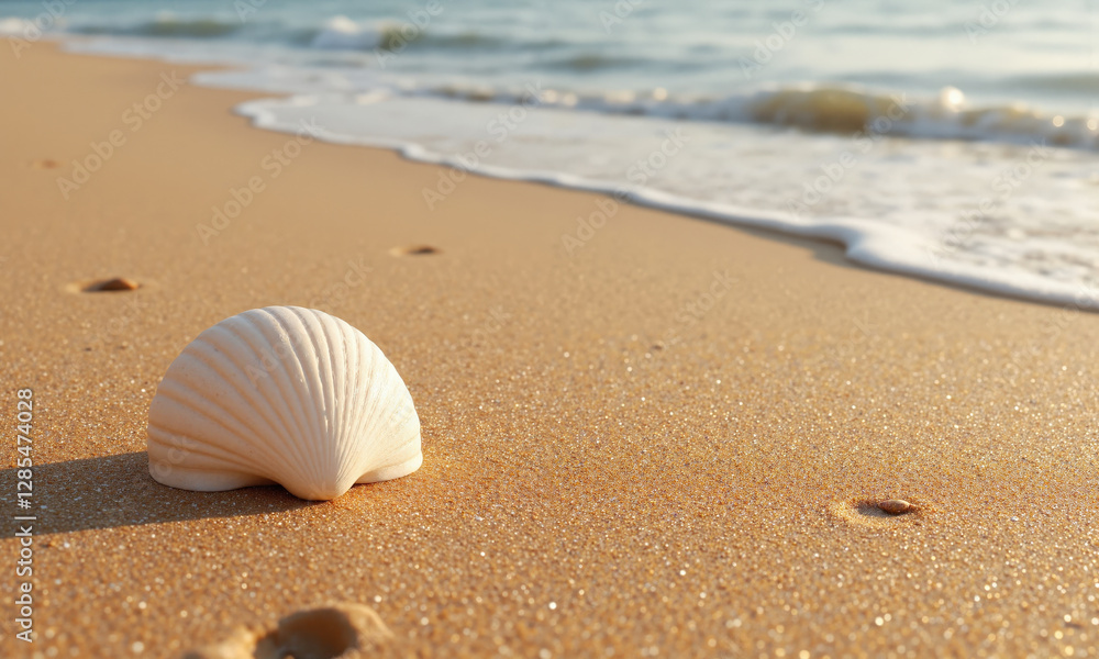 Minimalist sandy beach with a single seashell for relaxation and coastal living themes. An empty beach with fine, golden sand and a single Minimalist sandy beach with a single seashell for relaxation and coastal living themes. An empty beach with fine, golden sand and a single
