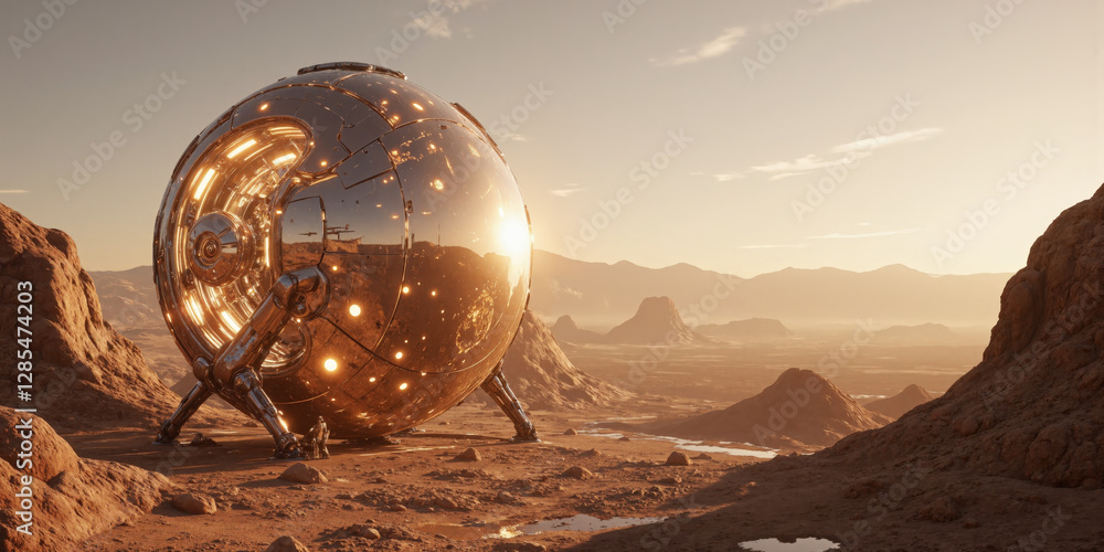 Futuristic Energy Harvesting Sphere A massive glowing sphere floating in the center of a barren desert, radiating pulsating waves of energy. Advanced robotic Futuristic Energy Harvesting Sphere A massive glowing sphere floating in the center of a barren desert, radiating pulsating waves of energy. Advanced robotic