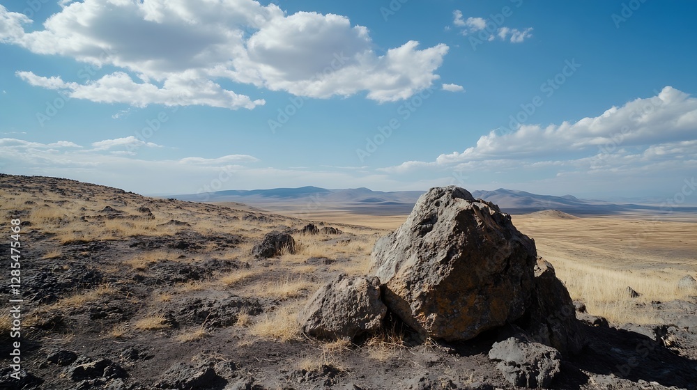 Rocky Landscape Under Clear Blue Sky with Lush Fields and Fluffy Clouds : Generative AI Rocky Landscape Under Clear Blue Sky with Lush Fields and Fluffy Clouds : Generative AI