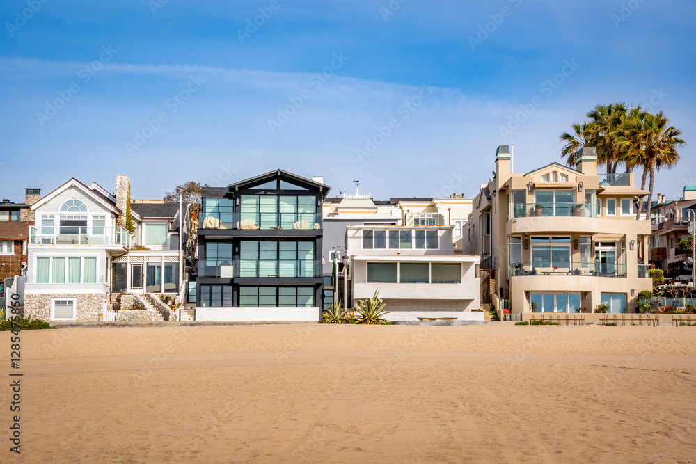 Hermosa Beach, California - Daytime, sunny beach front homes, walkways, neighborhoods, real estate in the South Bay with blue skies and clear views
