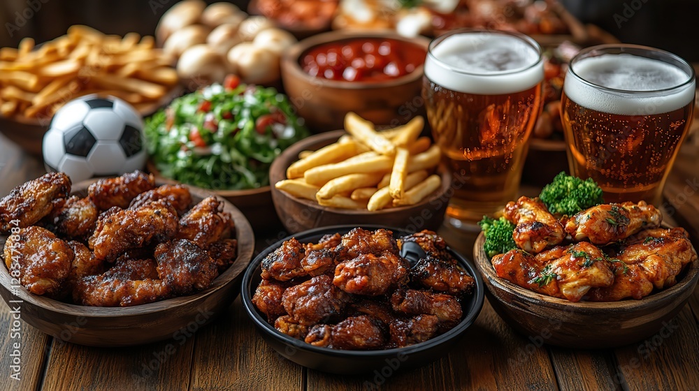 A wooden table is set with football snacks, including beer, fries, chicken wings, and a remote, styled with miniature soccer balls. A wooden table is set with football snacks, including beer, fries, chicken wings, and a remote, styled with miniature soccer balls.