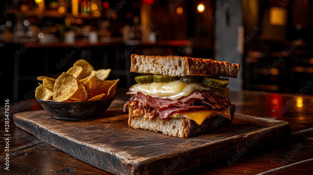 Delicious Pastrami on Rye Sandwich with Pickles and Potato Chips Delicious Pastrami on Rye Sandwich with Pickles and Potato Chips