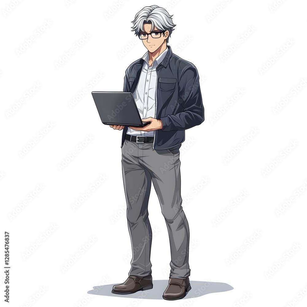 Anime Businessman Holding Laptop. Professional and Modern Character Anime Businessman Holding Laptop. Professional and Modern Character
