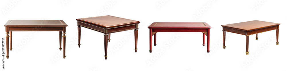 Four elegant and functional wooden furniture pieces including a table desk and two side tables in different styles and designs Four elegant and functional wooden furniture pieces including a table desk and two side tables in different styles and designs