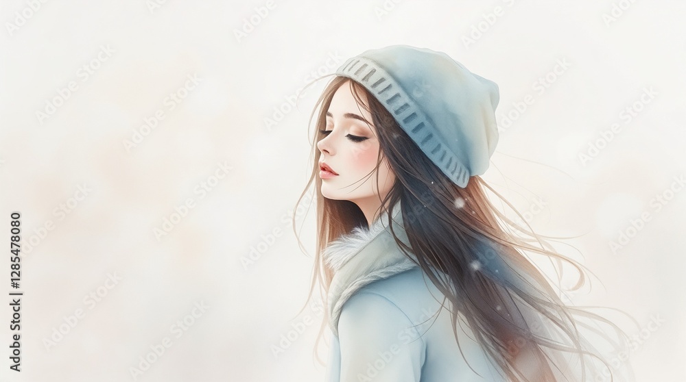 Delicate watercolor painting of winter girl in soft dreamy atmosphere Delicate watercolor painting of winter girl in soft dreamy atmosphere