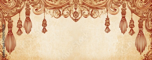Ornate vintage decorative element with tassels in sepia tones