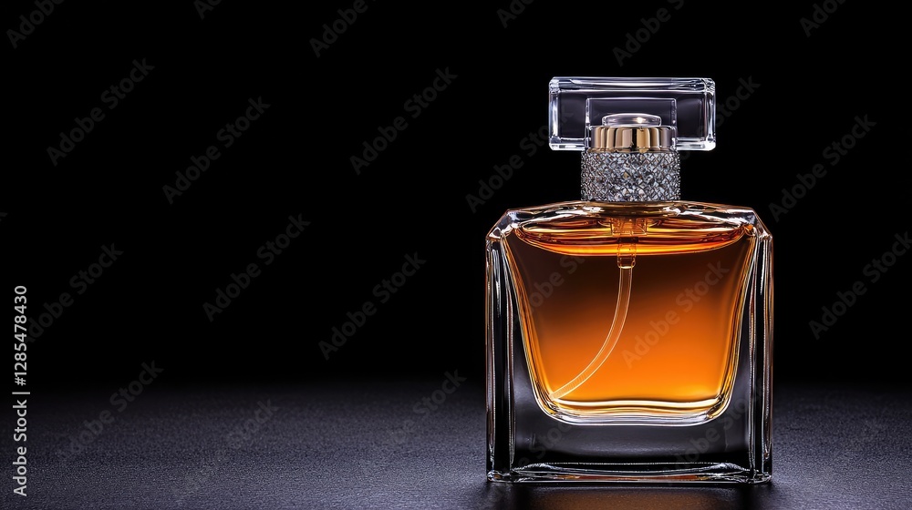 Perfume bottle, amber liquid, studio shot, elegant design, for advertising Perfume bottle, amber liquid, studio shot, elegant design, for advertising
