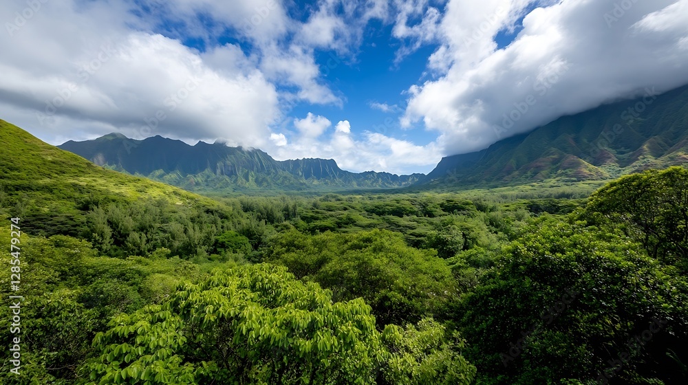 Majestic Tropical Mountains Surrounded by Lush Green Trees and Blue Skies : Generative AI Majestic Tropical Mountains Surrounded by Lush Green Trees and Blue Skies : Generative AI