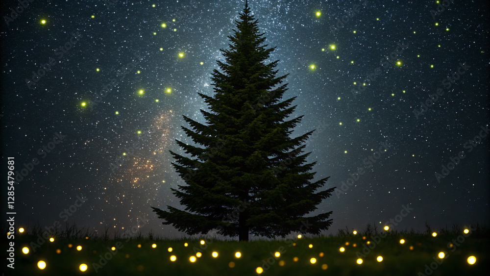 Majestic Pine Tree Under Starry Sky with Fireflies Illuminating the Ground at Night Majestic Pine Tree Under Starry Sky with Fireflies Illuminating the Ground at Night