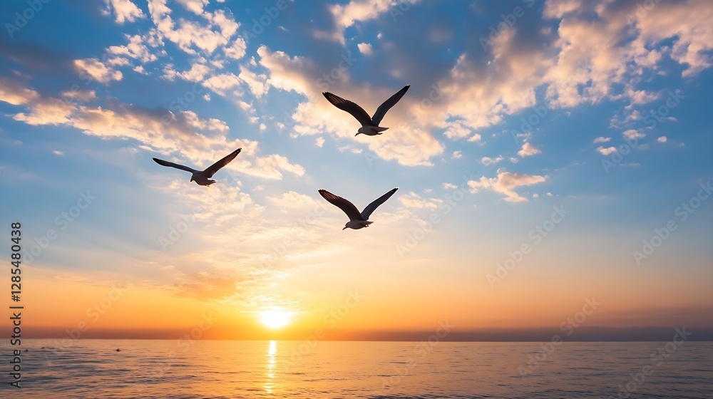 Seagulls Flying Against a Stunning Sunset Over the Ocean : Generative AI Seagulls Flying Against a Stunning Sunset Over the Ocean : Generative AI