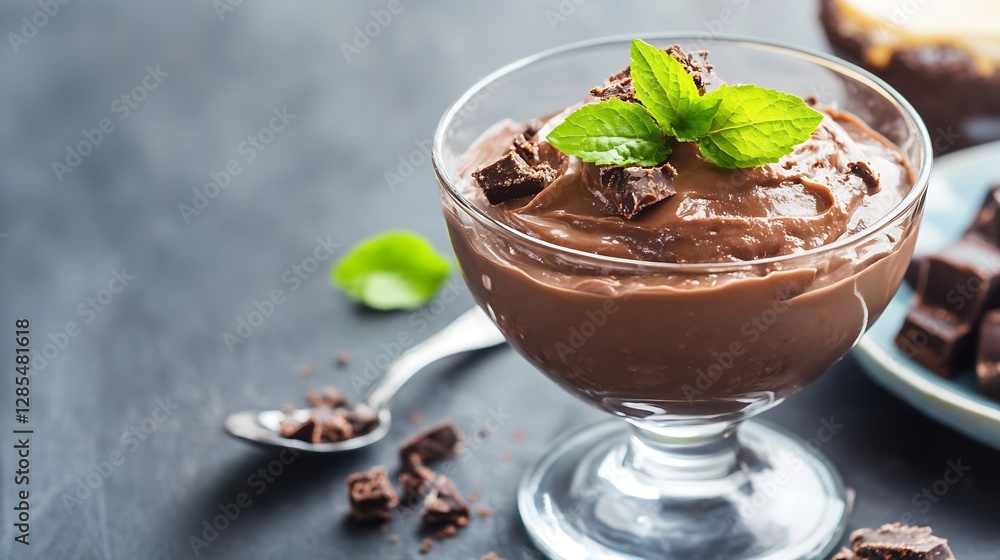 Delicious Chocolate Mousse Dessert Garnished with Fresh Mint Leaves in Elegant Glass Bowl : Generative AI