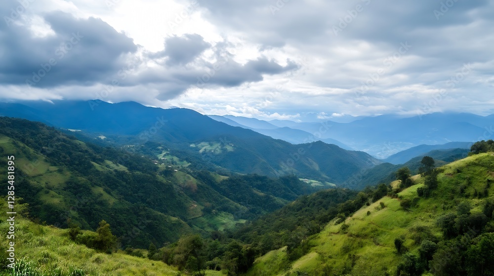 Fototapeta premium Breathtaking Mountain Landscape with Lush Green Valleys under a Dramatic Sky : Generative AI