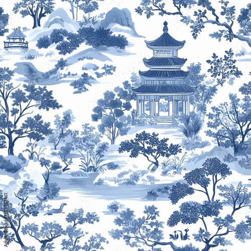 An intricate design of white and blue chinoiserie pattern with pagoda trees, flowers and small animals in landscape 