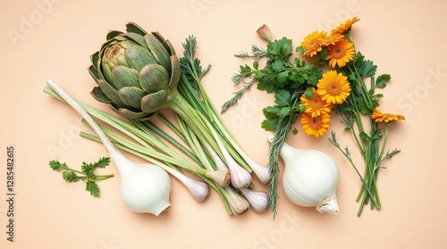Modern flat design flatlay of French artichokes and shallots with herbs and marigolds on a warm beige background