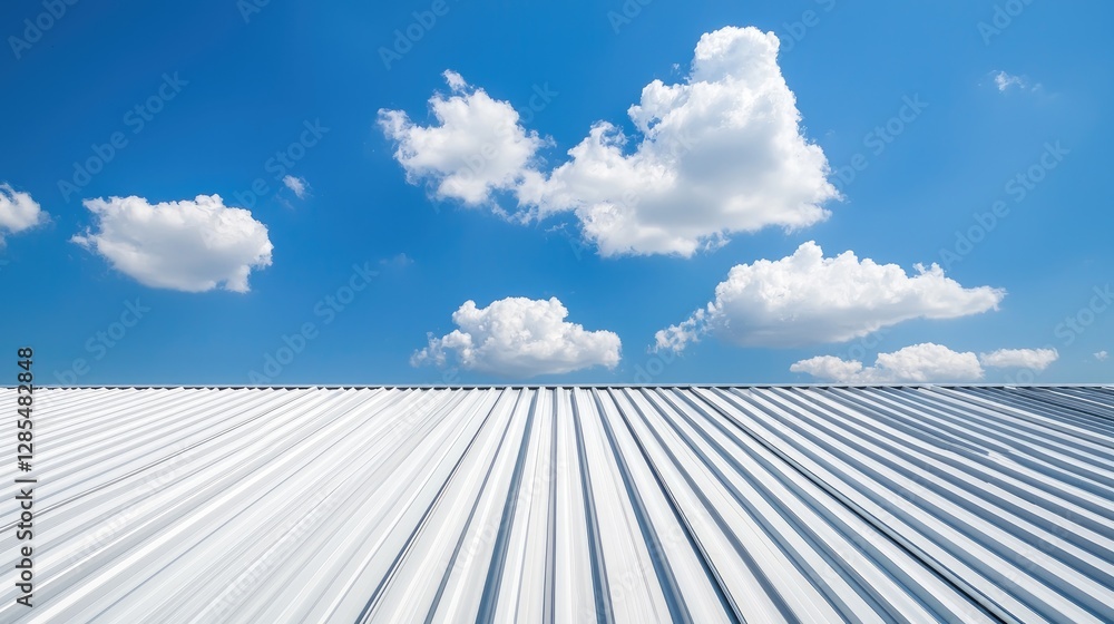 White corrugated metal roof under a partly cloudy blue sky. Ideal for architectural, building, or industrial design White corrugated metal roof under a partly cloudy blue sky. Ideal for architectural, building, or industrial design