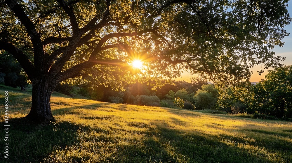 Naklejka premium Golden Sunset Illuminating a Peaceful Green Landscape with Tree : Generative AI