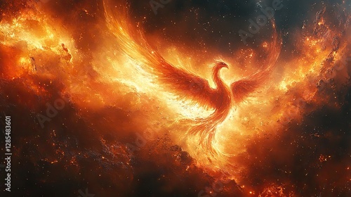 Abstract art depicting a phoenix rising from ashes, a mythological symbol of rebirth photo