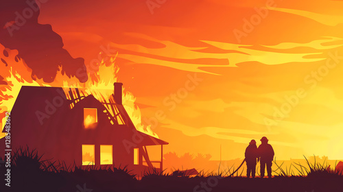 Silhouettes of Firefighters Facing a Burning House at Sunset, Heroic Rescue Scene

