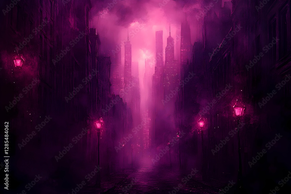 Mysterious Pink Purple City Street at Night Mysterious Pink Purple City Street at Night