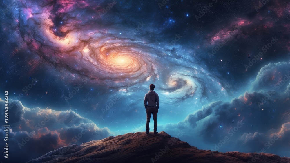 Fototapeta premium A silhouetted figure stands on a rocky outcrop, gazing up at a vibrant, swirling galaxy filled with stars and colorful nebulae.