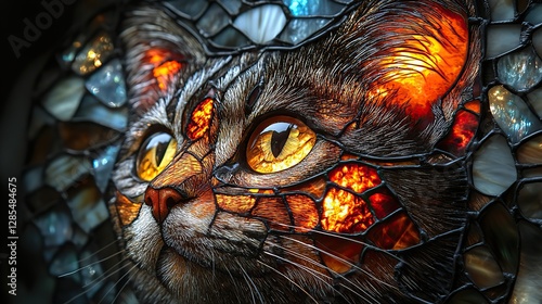 Admire the intricate details of this stained glass cat portrait, a beautiful and unique work of art that captures the feline mystique