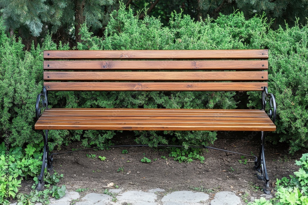Wooden bench placed in a lush garden surrounded by green bushes and plants, Wooden bench standing in the garden next to green bushes Wooden bench placed in a lush garden surrounded by green bushes and plants, Wooden bench standing in the garden next to green bushes