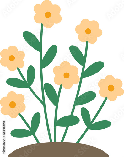Blooming Flower Growing in Soil. 
Colorful Floral with Green Leaves.
Spring flowerbed icon.
Cute Outdoor Garden flowers Vector.
Transparent background.