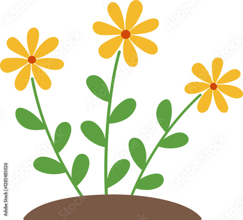 Blooming Flower Growing in Soil. 
Colorful Floral with Green Leaves.
Spring flowerbed icon.
Cute Outdoor Garden flowers Vector.
Transparent background.