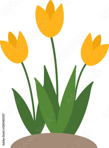 Blooming Flower Growing in Soil. 
Colorful Floral with Green Leaves.
Spring flowerbed icon.
Cute Outdoor Garden flowers Vector.
Transparent background.