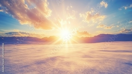 Snowy mountain sunset landscape, windblown snow, peaceful scene