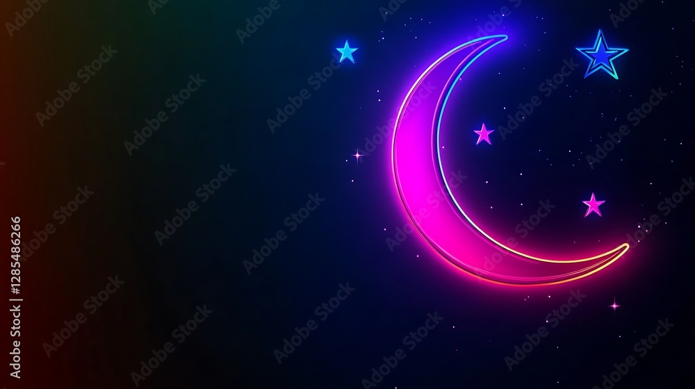 Neon Crescent Moon and Stars Night Sky Design Neon Crescent Moon and Stars Night Sky Design