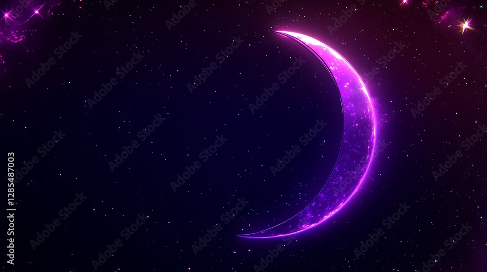 Glowing Crescent Moon In A Starry Night Sky Glowing Crescent Moon In A Starry Night Sky