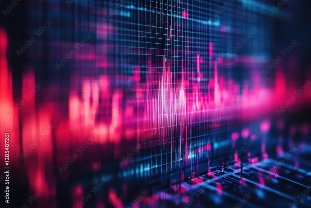 Audio waveform analysis showcasing vibrant red and blue colors with intricate data patterns on display, Audio Waveform Analysis Red Audio waveform analysis showcasing vibrant red and blue colors with intricate data patterns on display, Audio Waveform Analysis Red