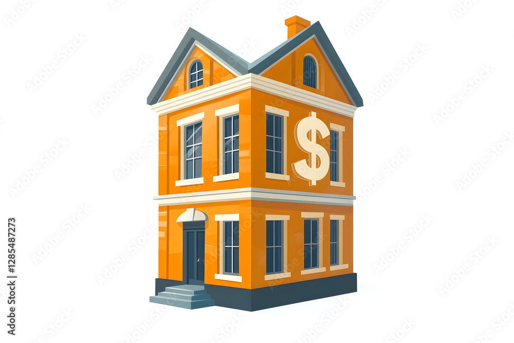 Illustration of an orange bank building with a large dollar sign symbolizing financial institutions and economic wealth Illustration of an orange bank building with a large dollar sign symbolizing financial institutions and economic wealth