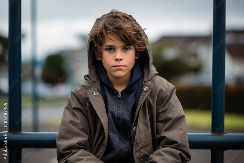 Obraz premium Portrait of a sad boy sitting on a playground in the rain.